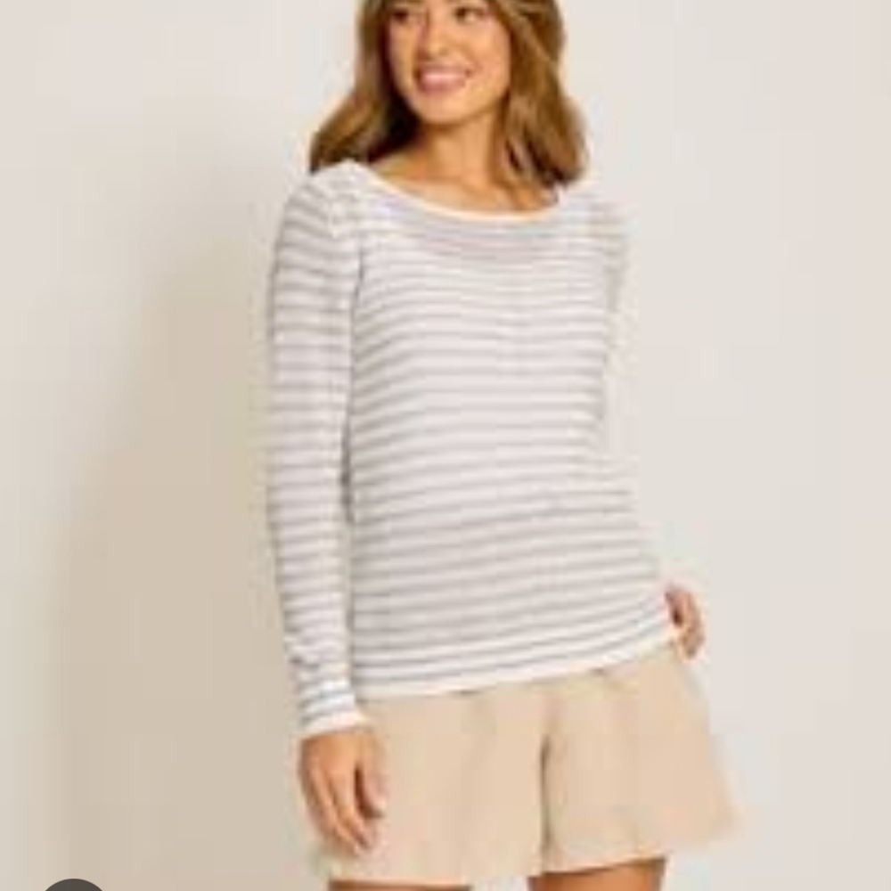 Tommy Bahama M 100% Linen V-neck Striped Cedar White Long Sleeve Top